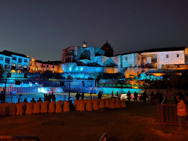 Qoricancha, the Temple of the Sun, illuminated at night